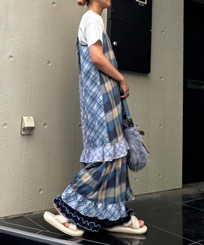 H.S透明格紋拼接吊帶連衣裙