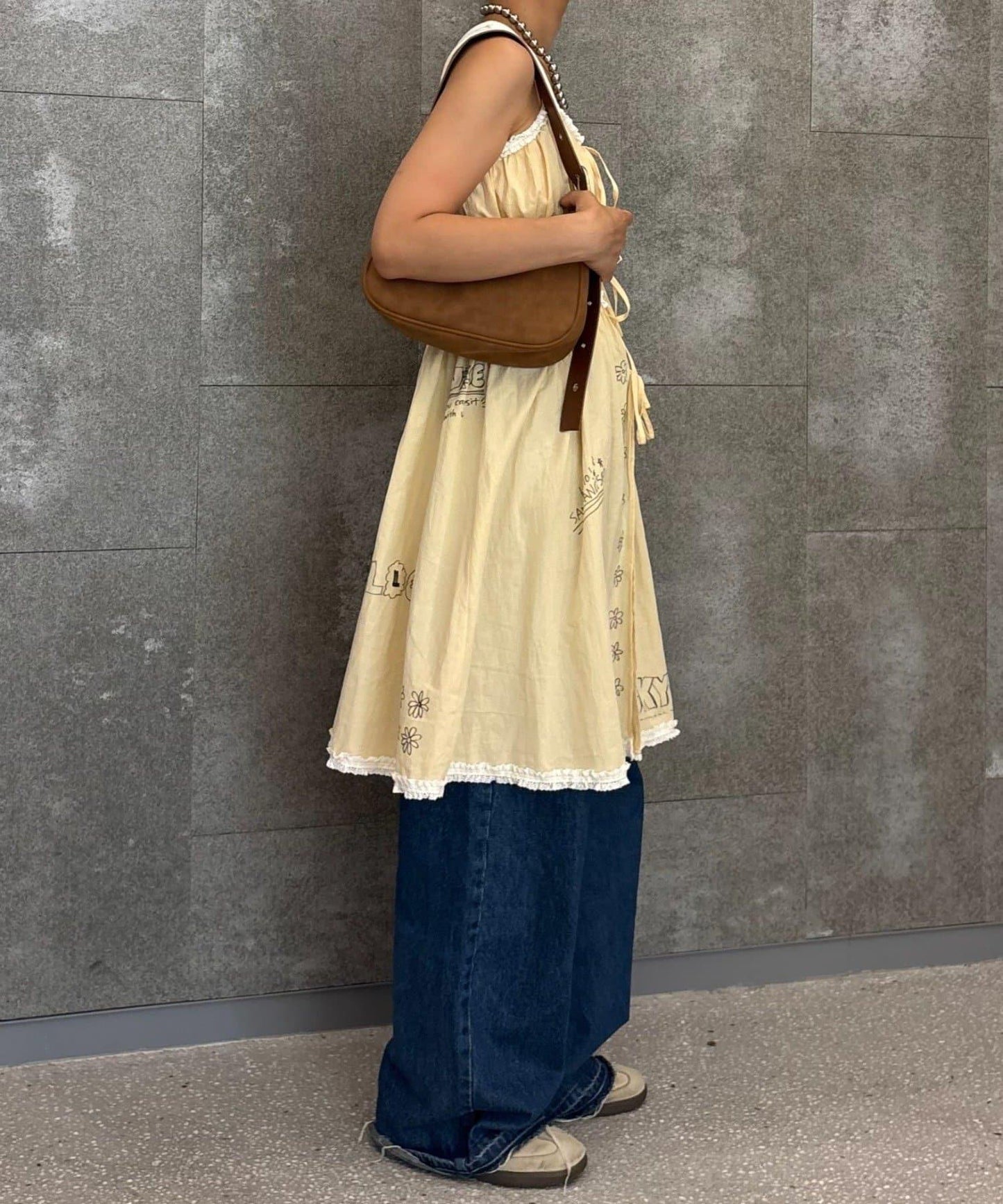 H.S塗鴉風印花蕾絲背心連衣裙