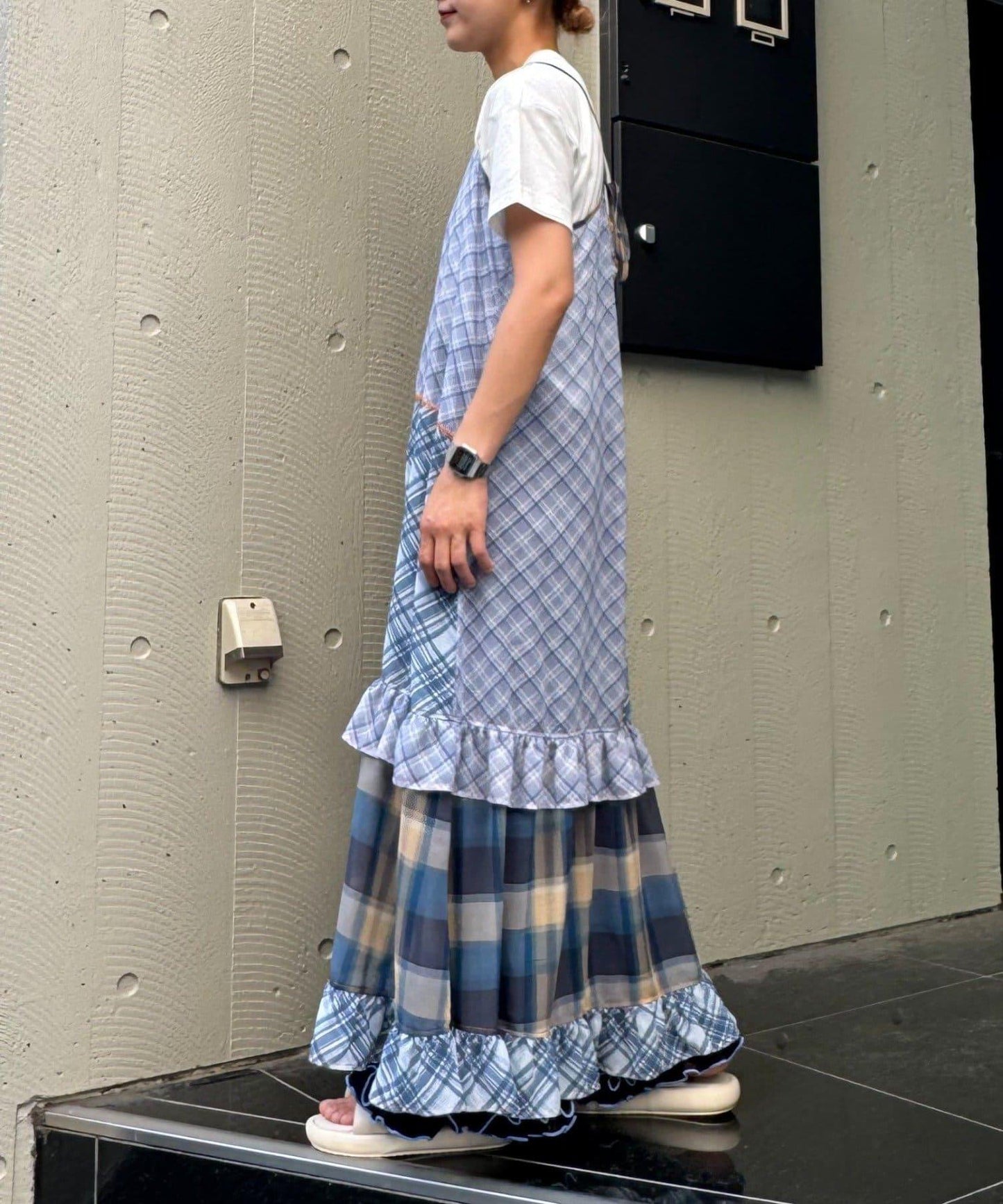 H.S透明格紋拼接吊帶連衣裙