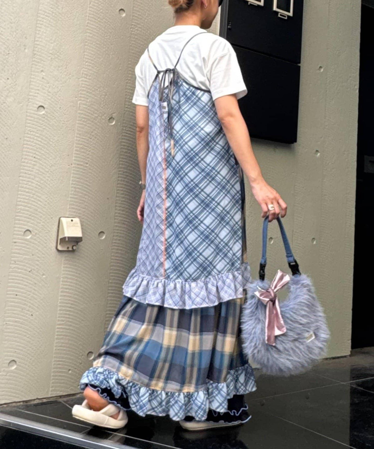 H.S透明格紋拼接吊帶連衣裙