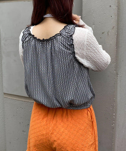 H.S格子印花氣球袖上衣套裝