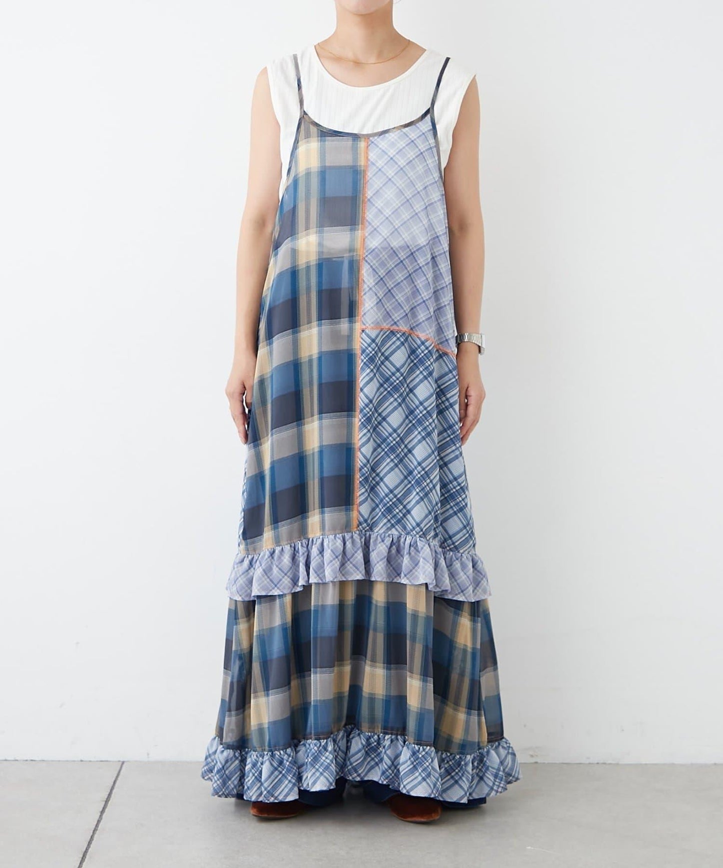 H.S透明格紋拼接吊帶連衣裙