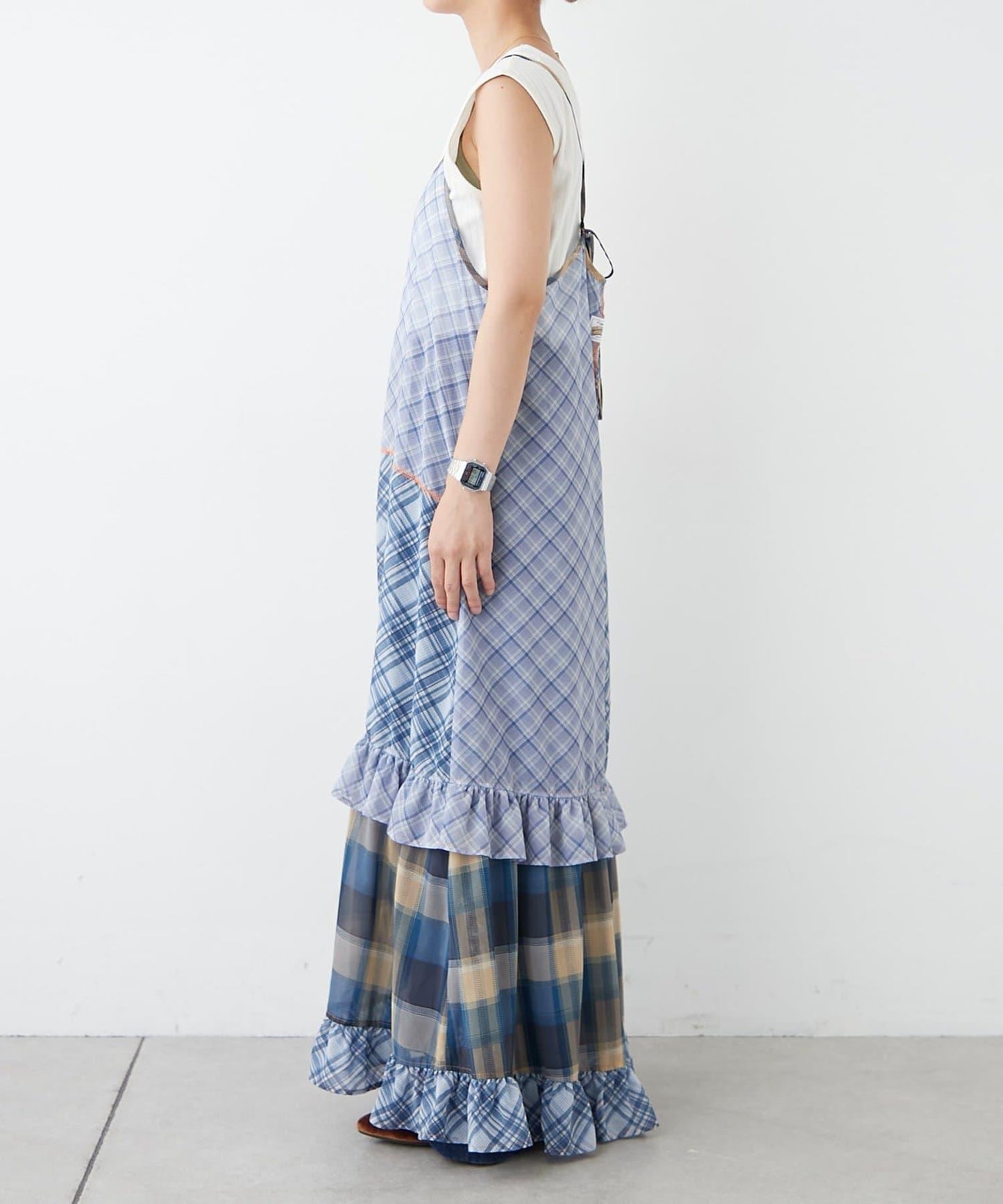 H.S透明格紋拼接吊帶連衣裙