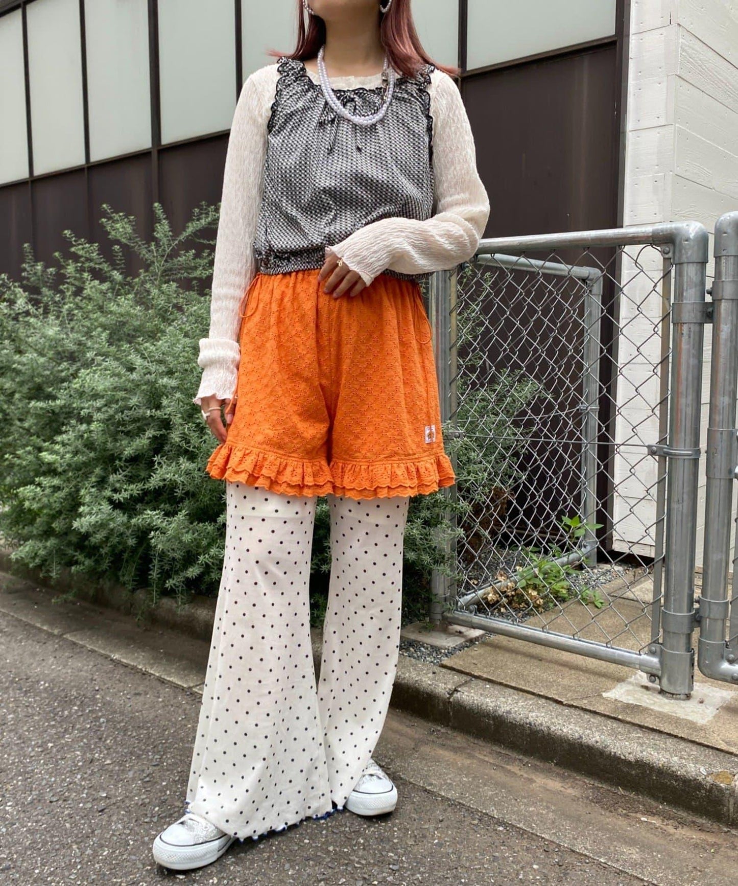 H.S格子印花氣球袖上衣套裝