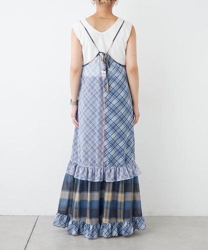 H.S透明格紋拼接吊帶連衣裙