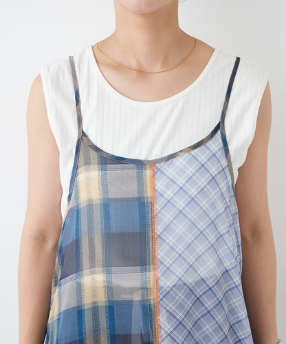 H.S透明格紋拼接吊帶連衣裙