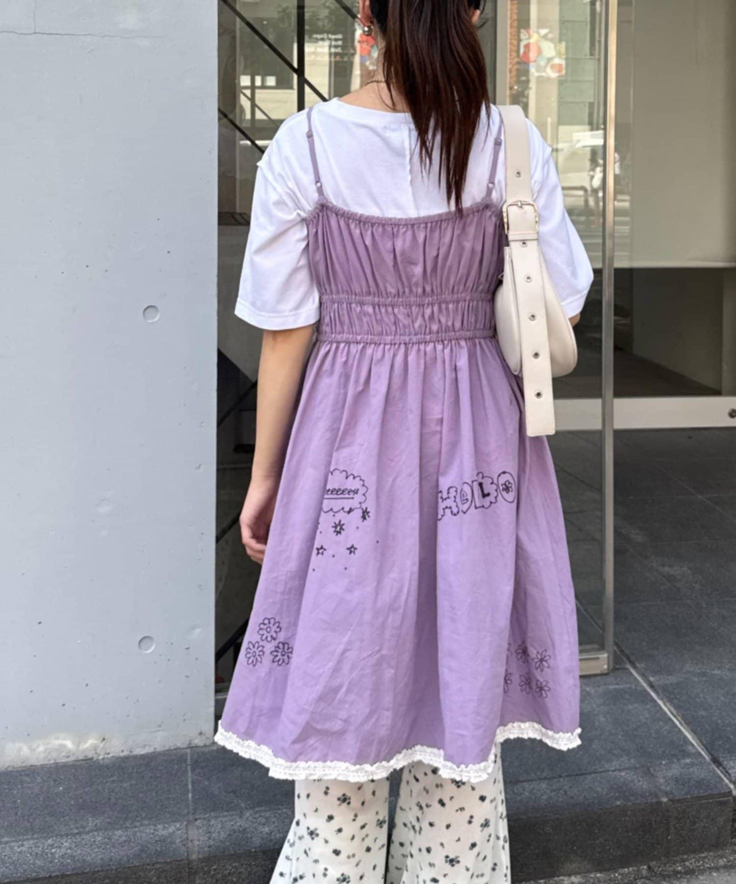 H.S塗鴉風印花蕾絲背心連衣裙