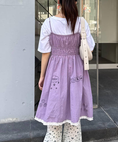 H.S塗鴉風印花蕾絲背心連衣裙