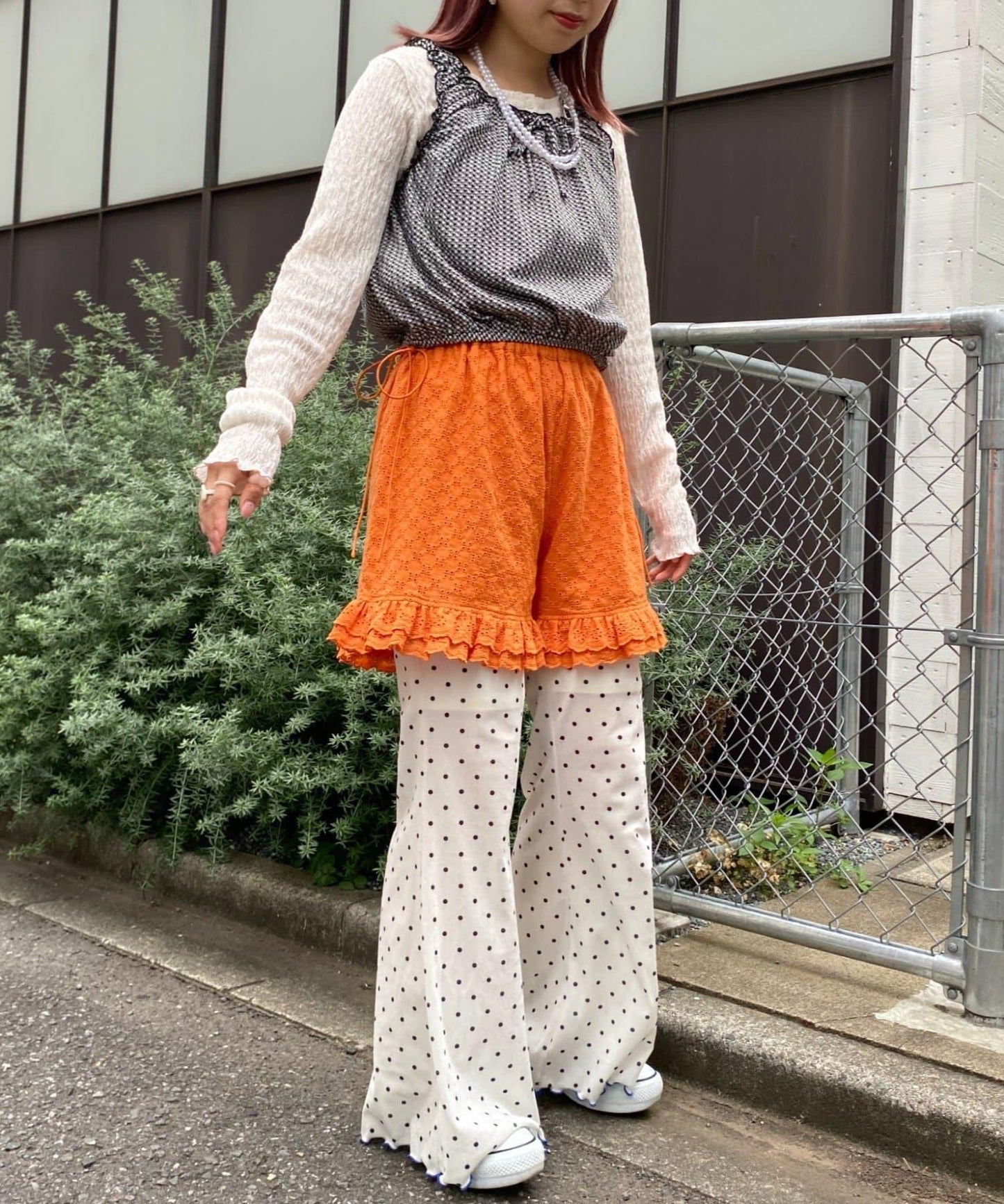 H.S格子印花氣球袖上衣套裝