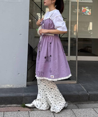 H.S塗鴉風印花蕾絲背心連衣裙