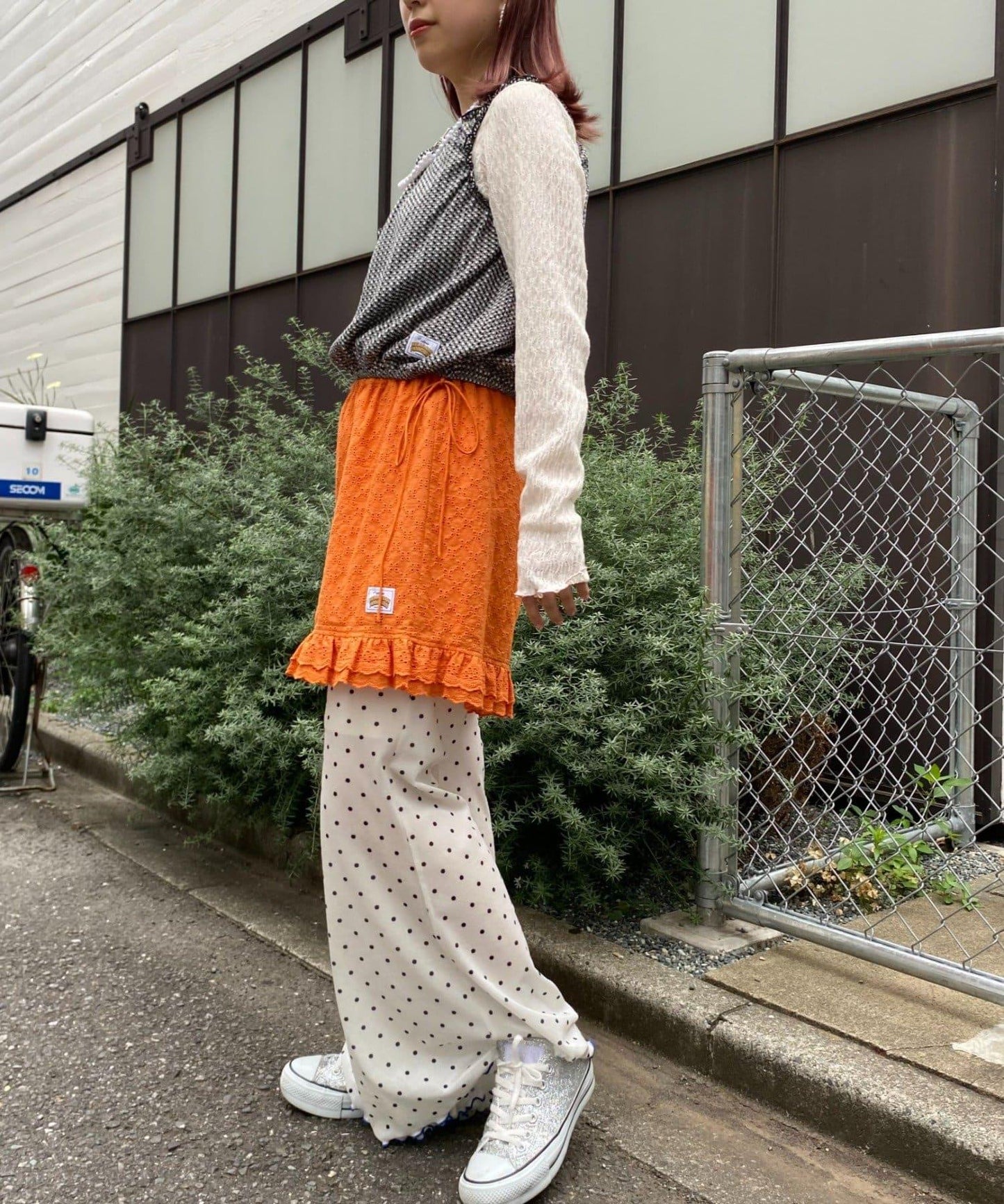 H.S格子印花氣球袖上衣套裝