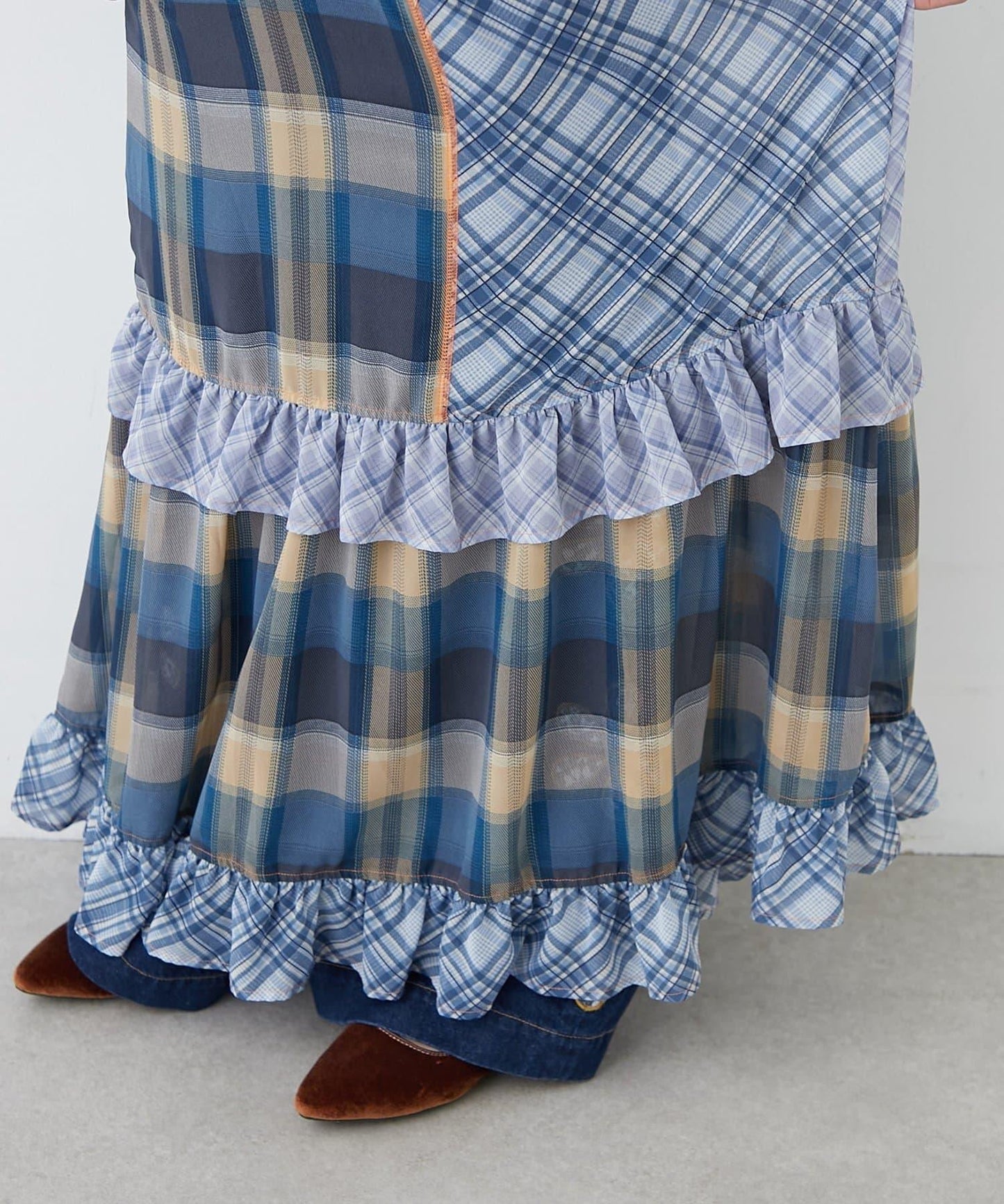 H.S透明格紋拼接吊帶連衣裙