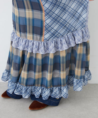 H.S透明格紋拼接吊帶連衣裙