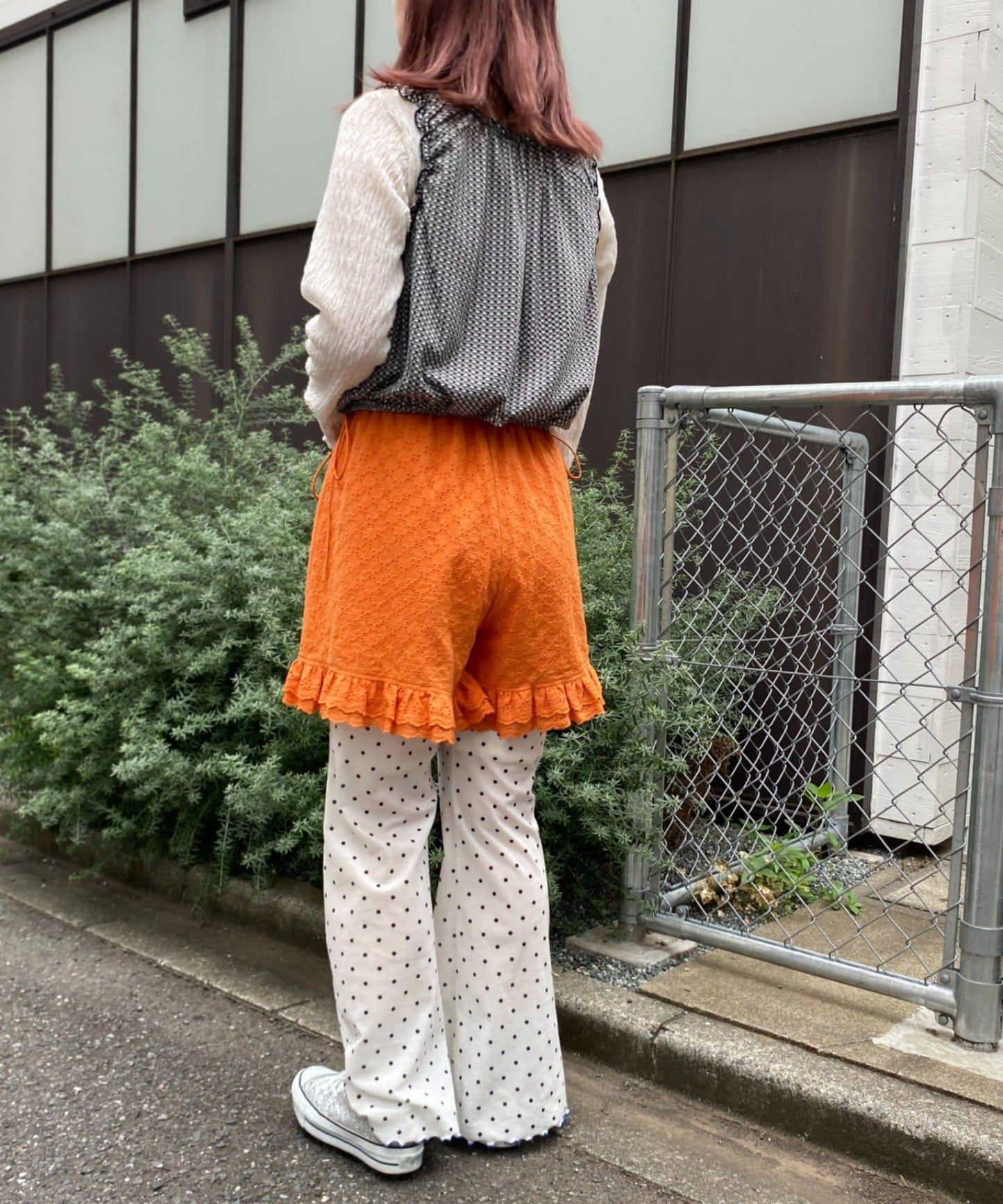 H.S格子印花氣球袖上衣套裝