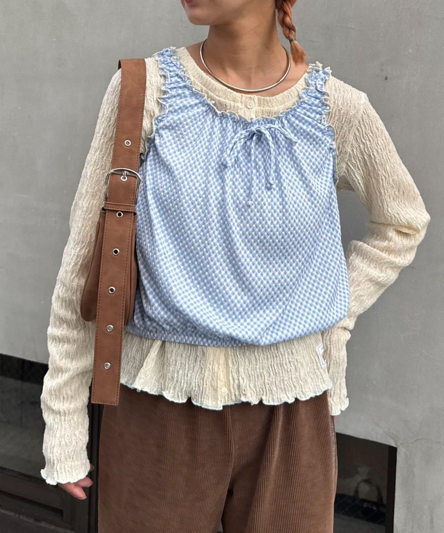 H.S格子印花氣球袖上衣套裝