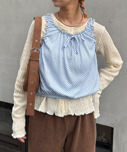 H.S格子印花氣球袖上衣套裝