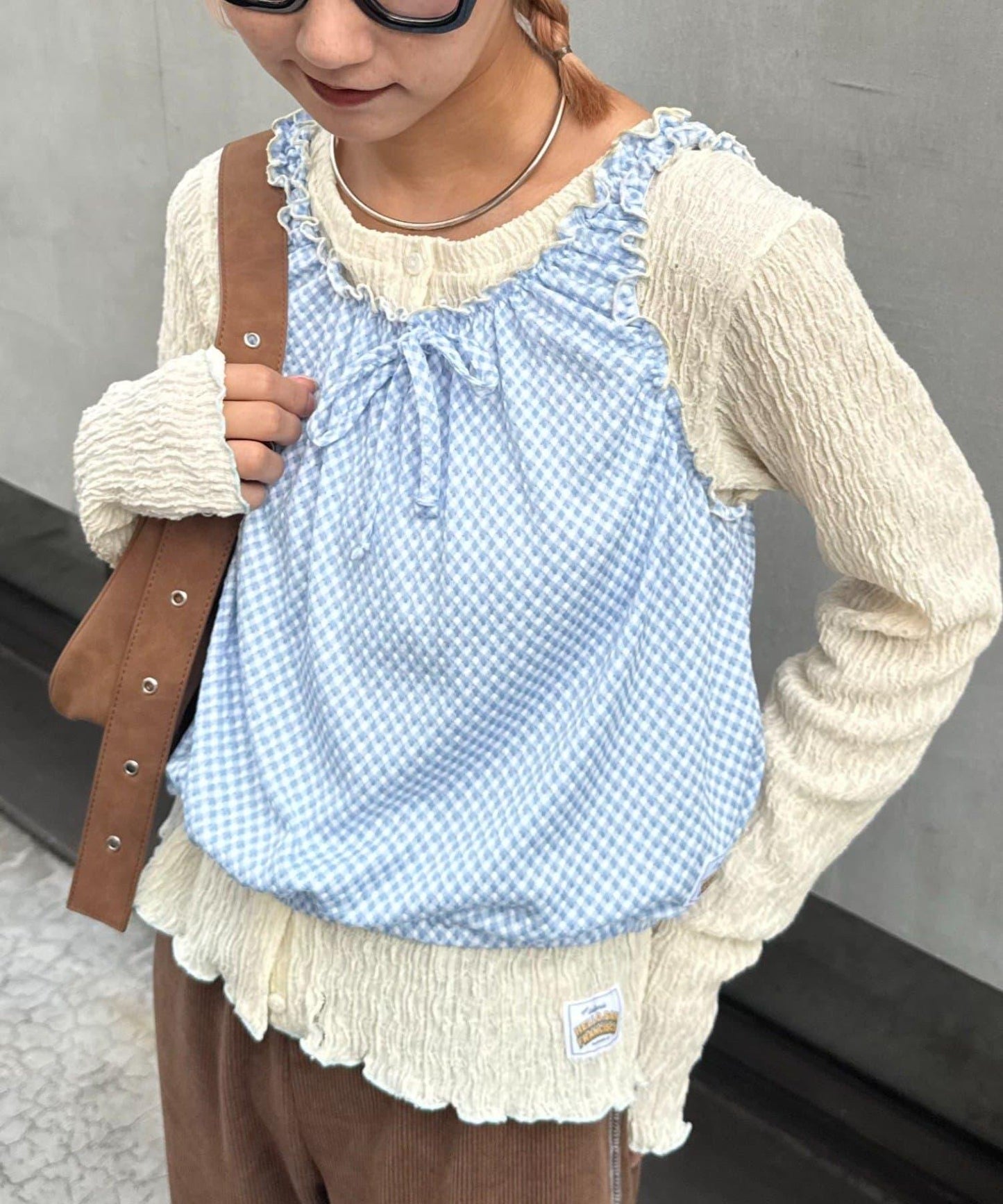 H.S格子印花氣球袖上衣套裝