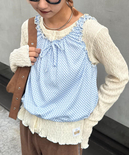 H.S格子印花氣球袖上衣套裝