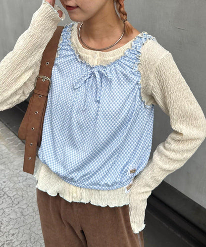 H.S格子印花氣球袖上衣套裝