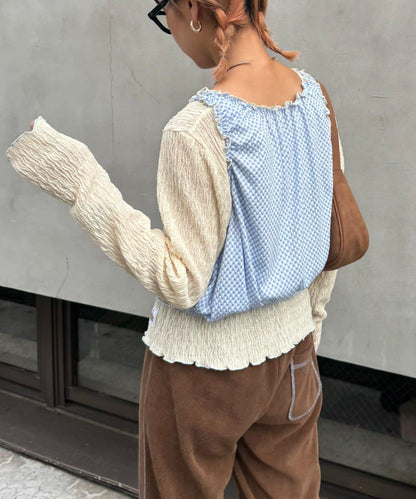 H.S格子印花氣球袖上衣套裝