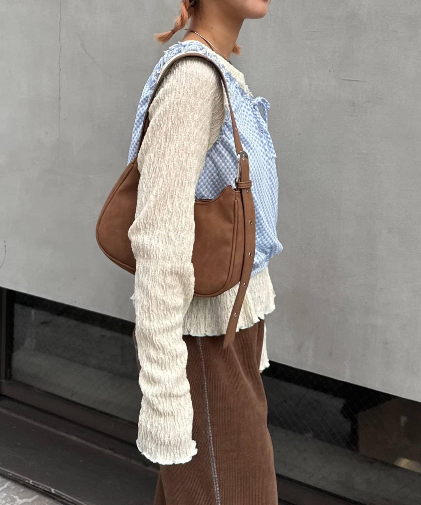 H.S格子印花氣球袖上衣套裝