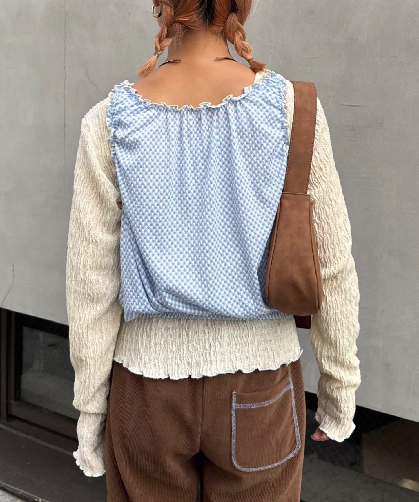 H.S格子印花氣球袖上衣套裝