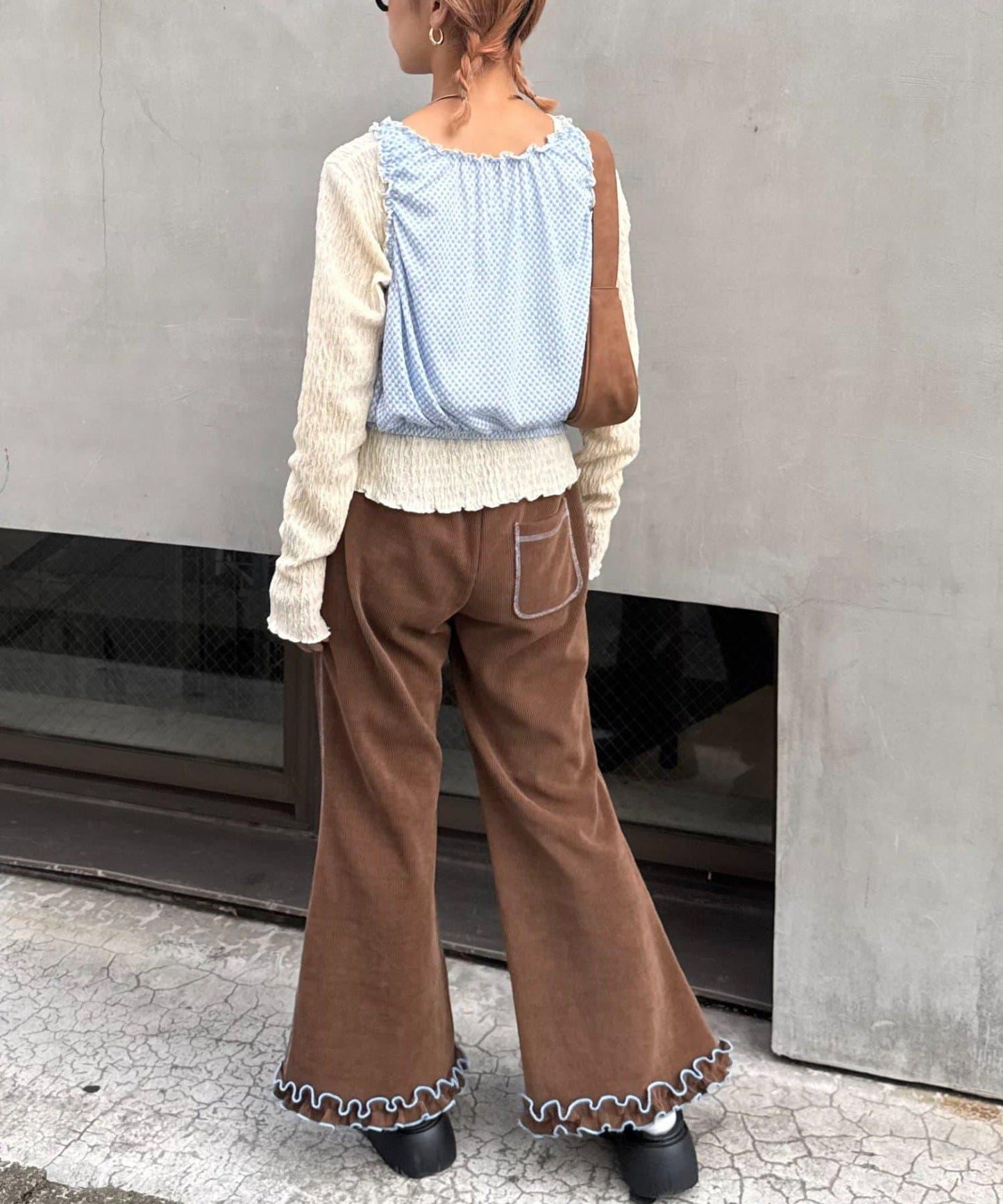 H.S格子印花氣球袖上衣套裝