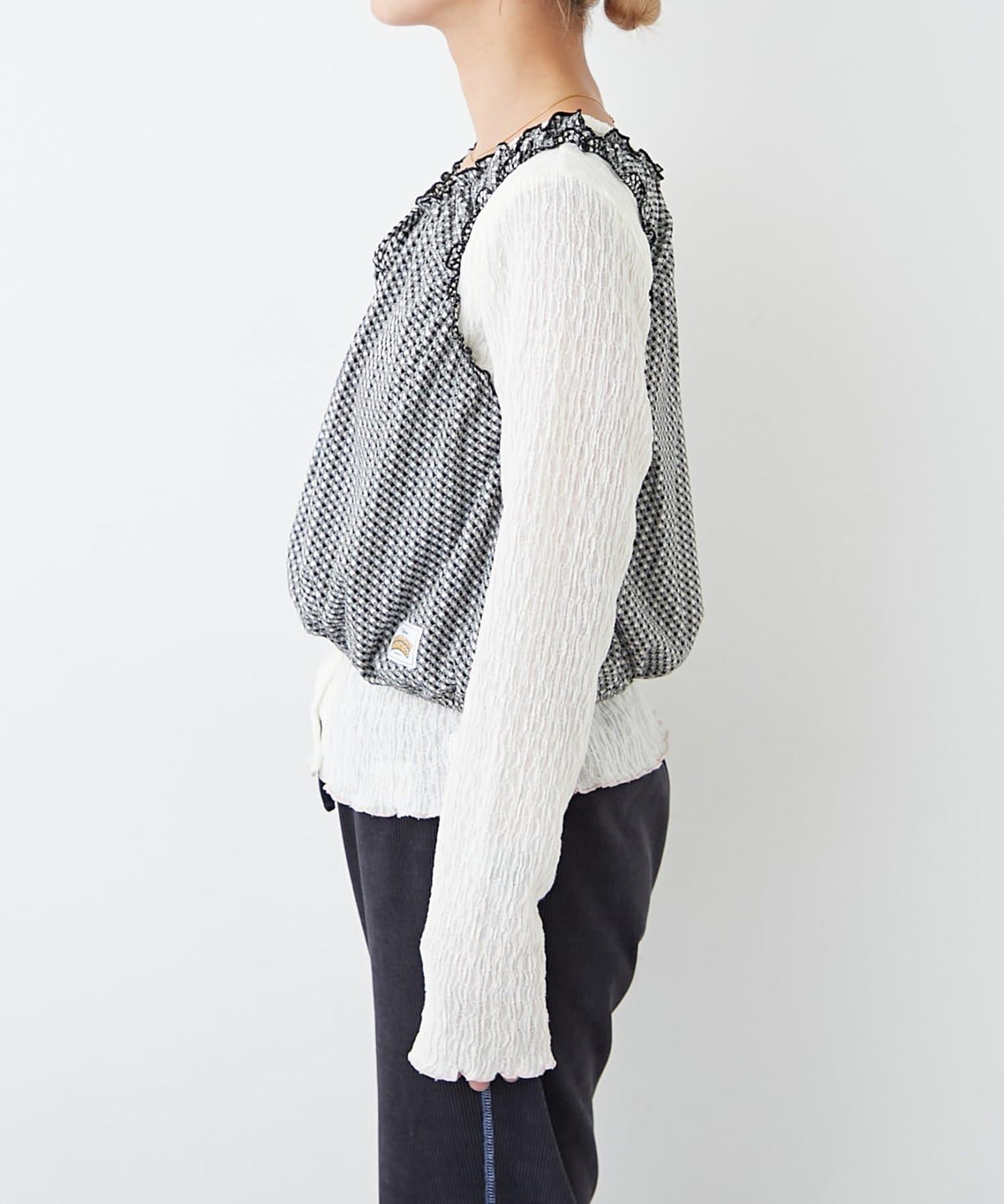 H.S格子印花氣球袖上衣套裝