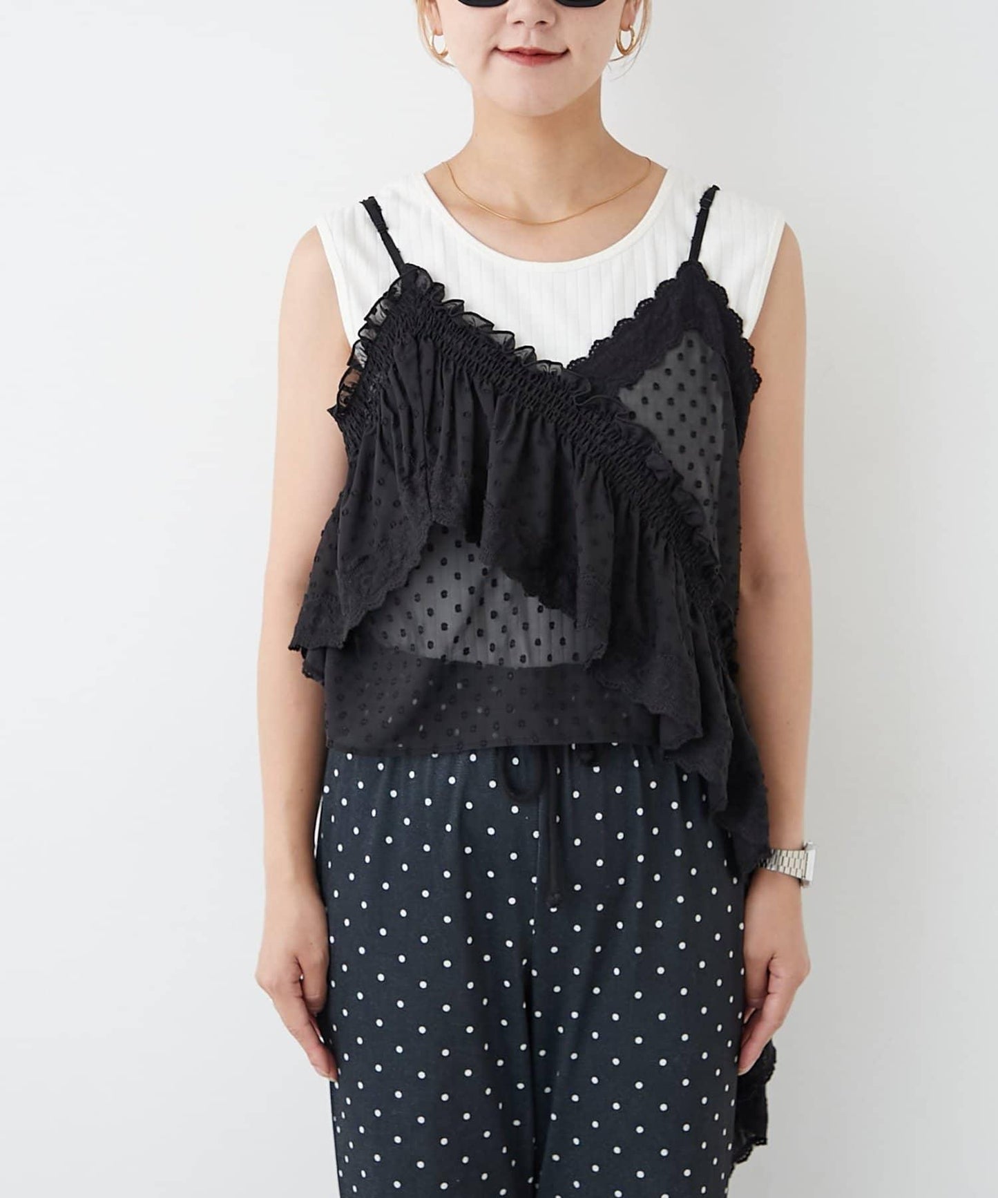 H.S不對稱荷葉邊圓點蕾絲吊帶