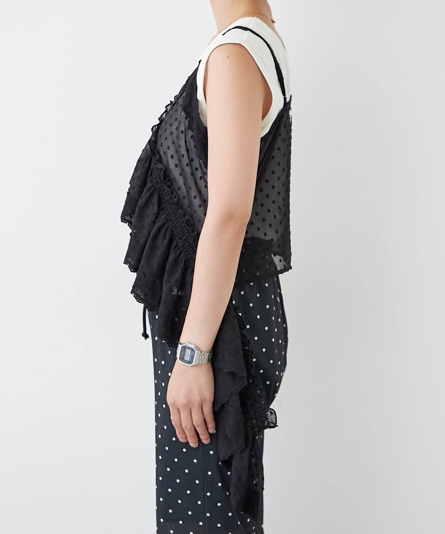 H.S不對稱荷葉邊圓點蕾絲吊帶