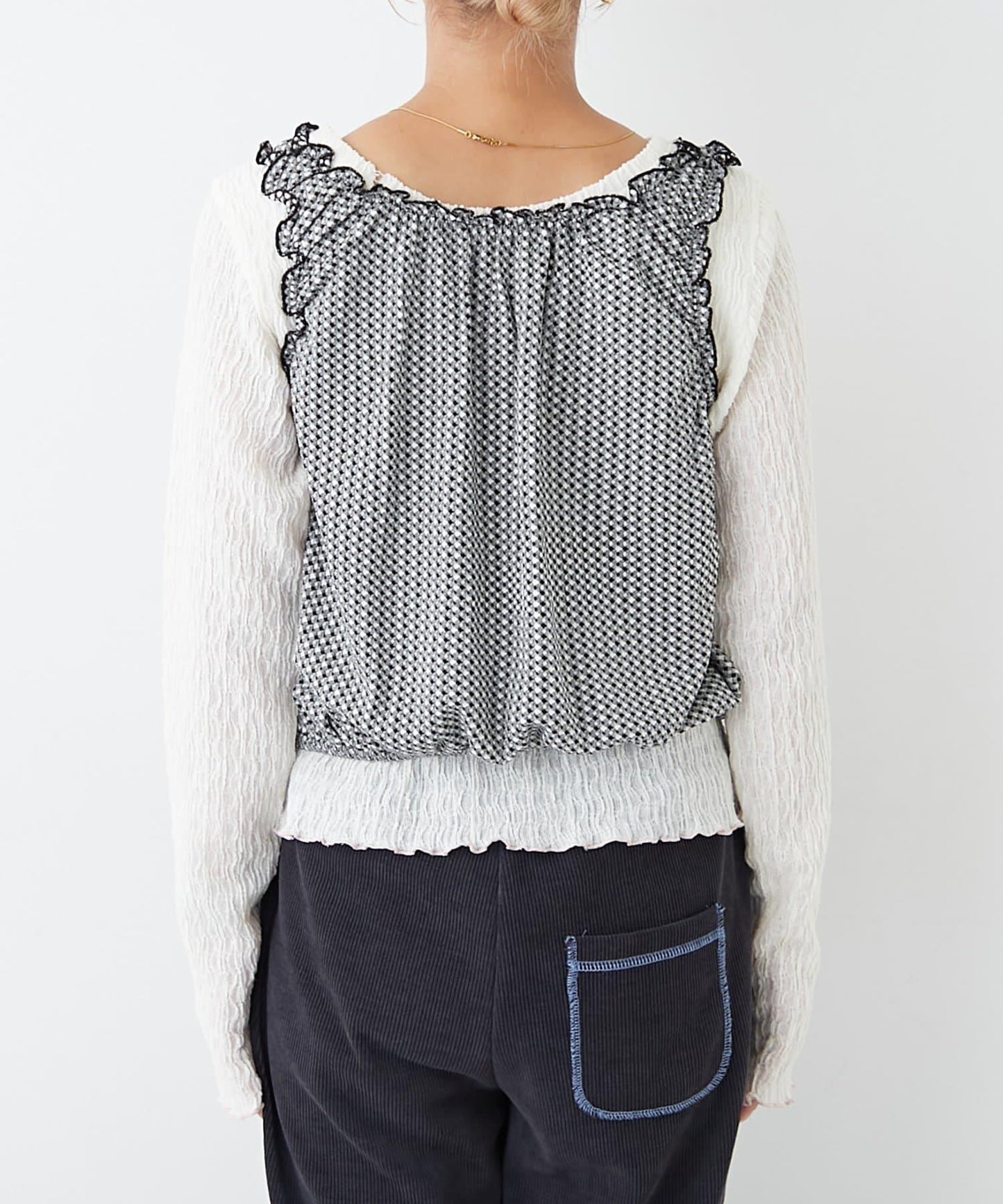 H.S格子印花氣球袖上衣套裝