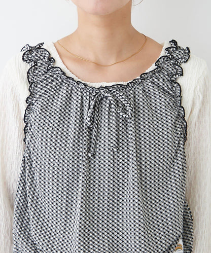 H.S格子印花氣球袖上衣套裝