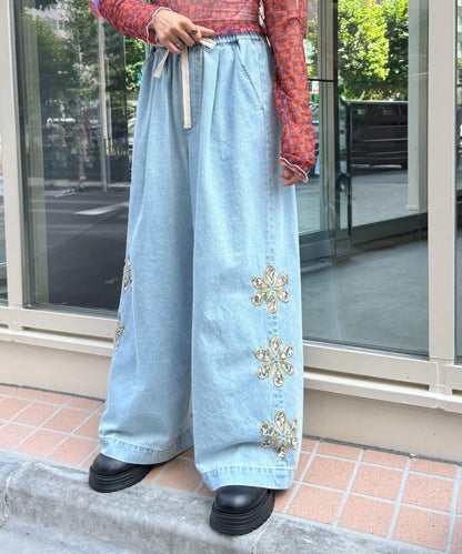 H.S蕾絲花邊寬鬆牛仔褲