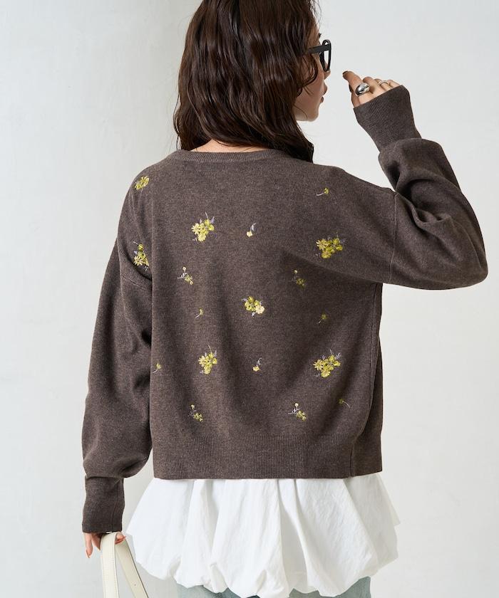 花朵刺繡圓領針織開衫