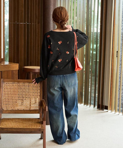 花朵刺繡圓領針織開衫