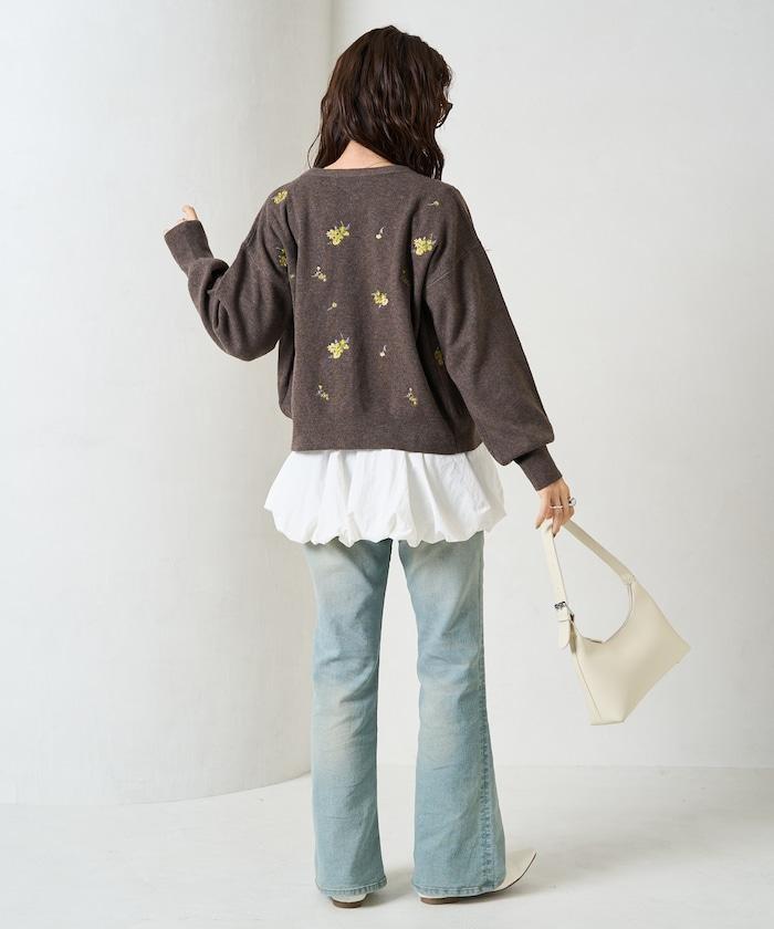 花朵刺繡圓領針織開衫