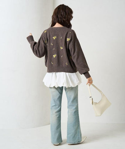 花朵刺繡圓領針織開衫