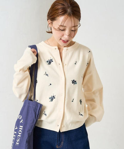 花朵刺繡圓領針織開衫