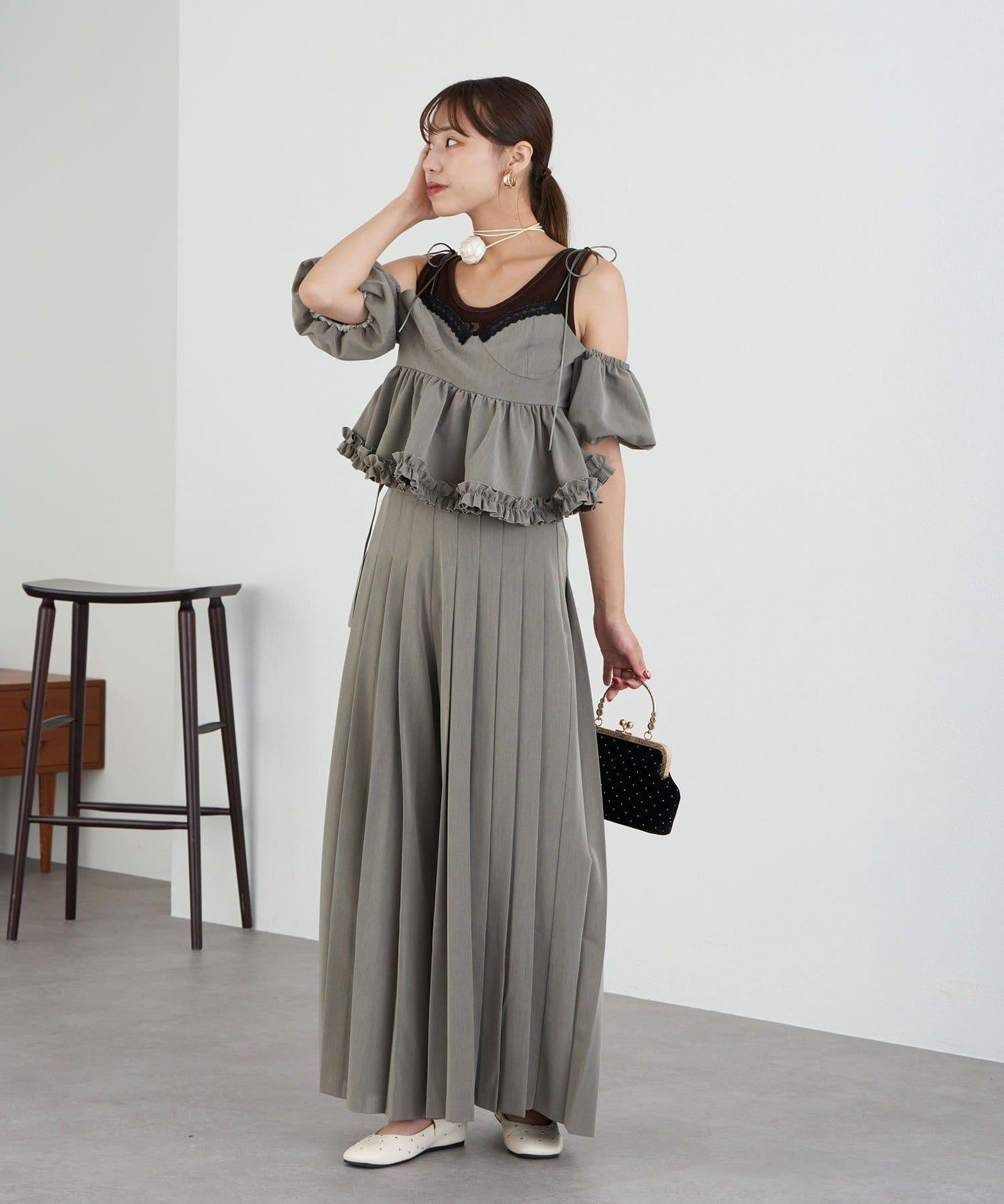 【Ciaopanic】【Lumé】一字肩荷葉邊吊帶上衣