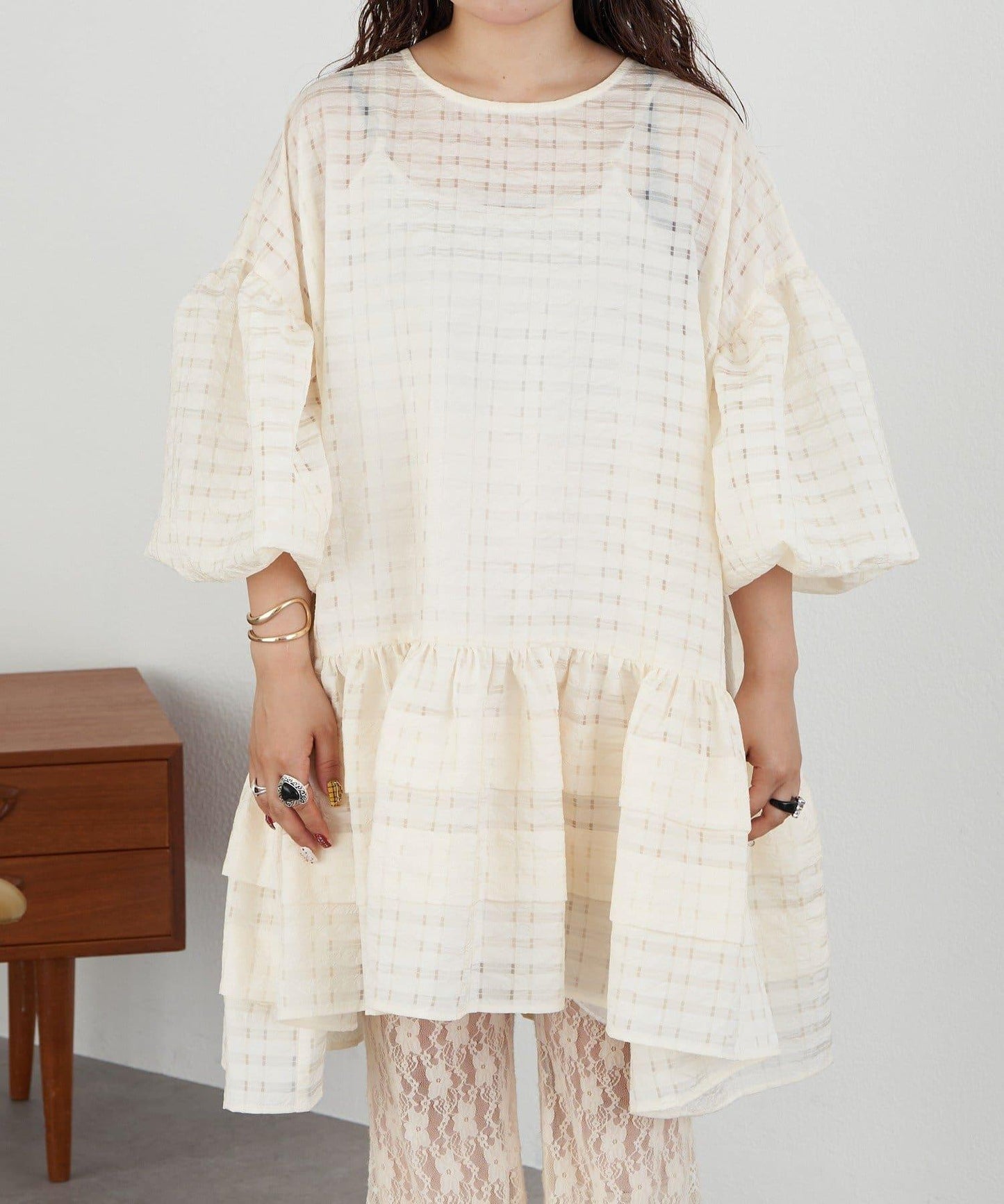 【Ciaopanic】【Lumé】透視格紋寬鬆大廓形迷你連衣裙