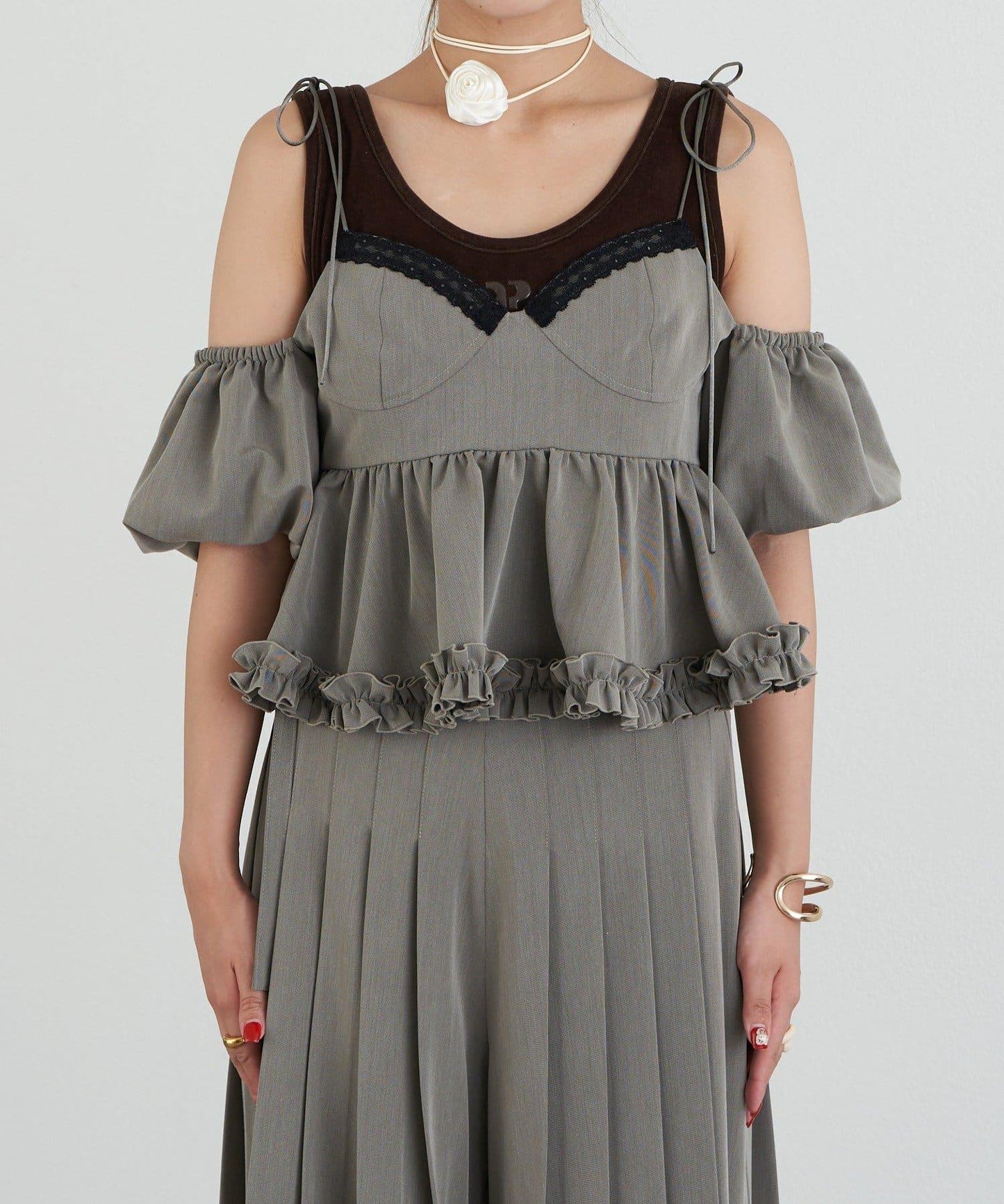 【Ciaopanic】【Lumé】一字肩荷葉邊吊帶上衣