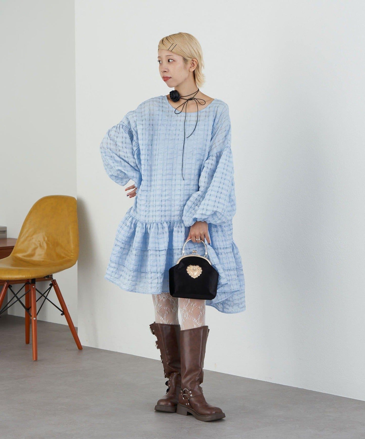 【Ciaopanic】【Lumé】透視格紋寬鬆大廓形迷你連衣裙