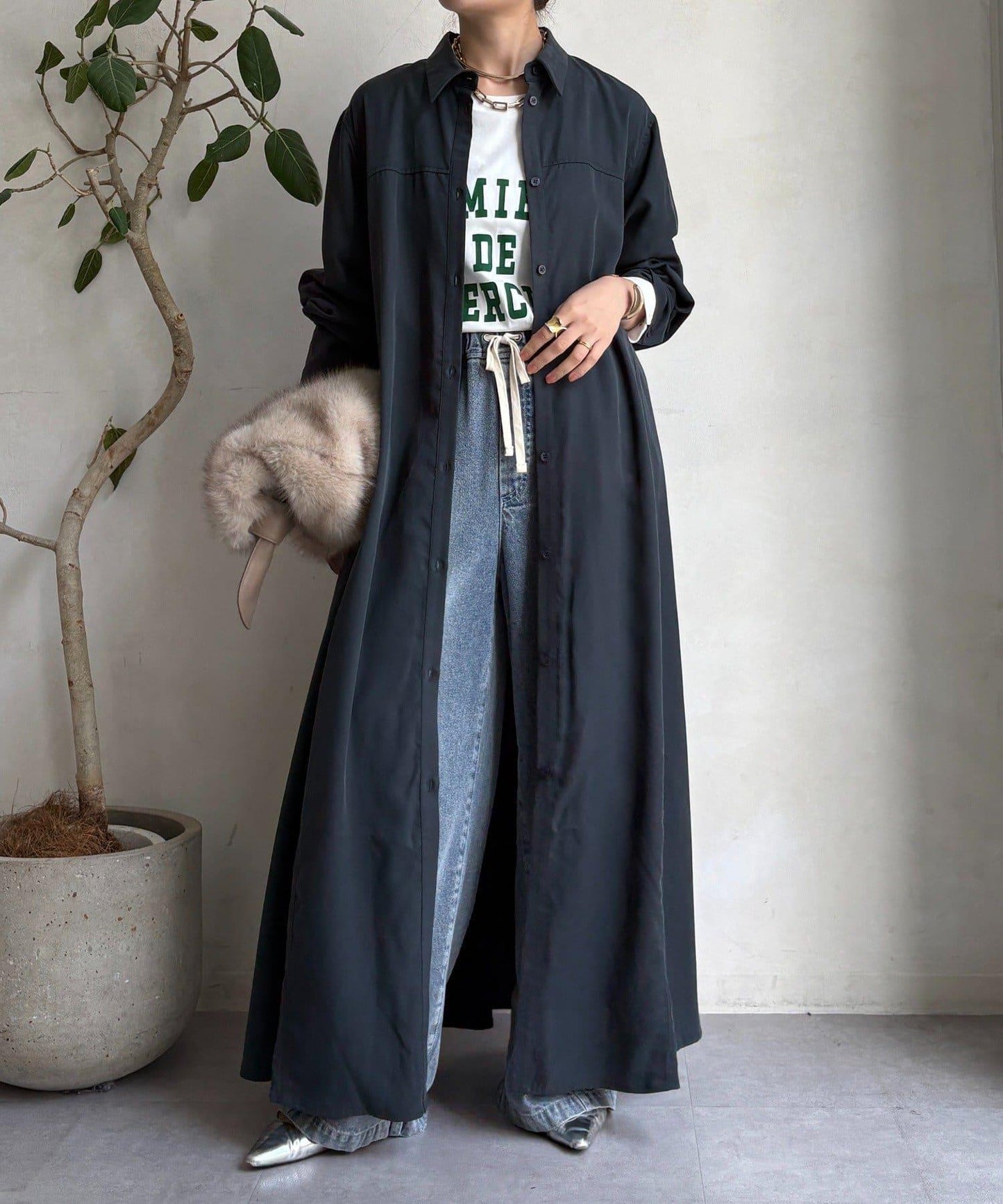 萊卡絲綢長款襯衫連衣裙