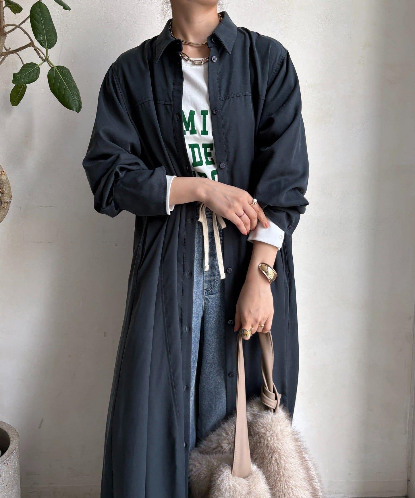 萊卡絲綢長款襯衫連衣裙