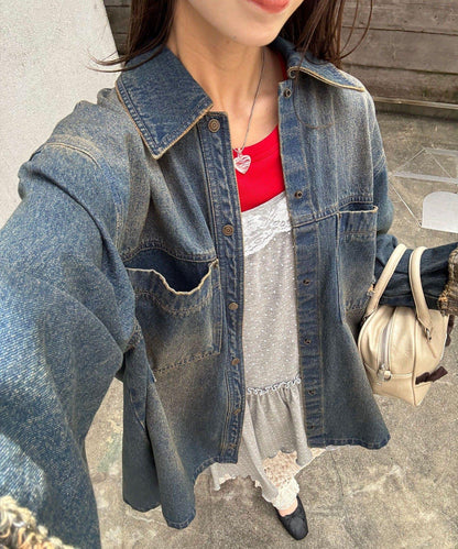 超大號染色牛仔布大襯衫夾克