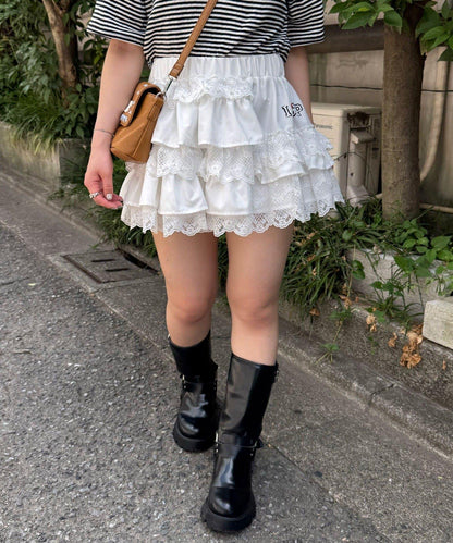 蓬鬆荷葉邊蕾絲層疊迷你裙