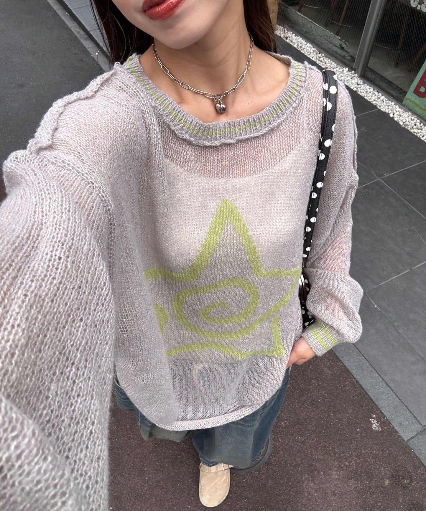 星標徽標荷葉邊透視針織衫