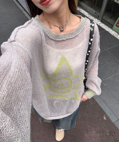星標徽標荷葉邊透視針織衫