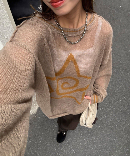 星標徽標荷葉邊透視針織衫