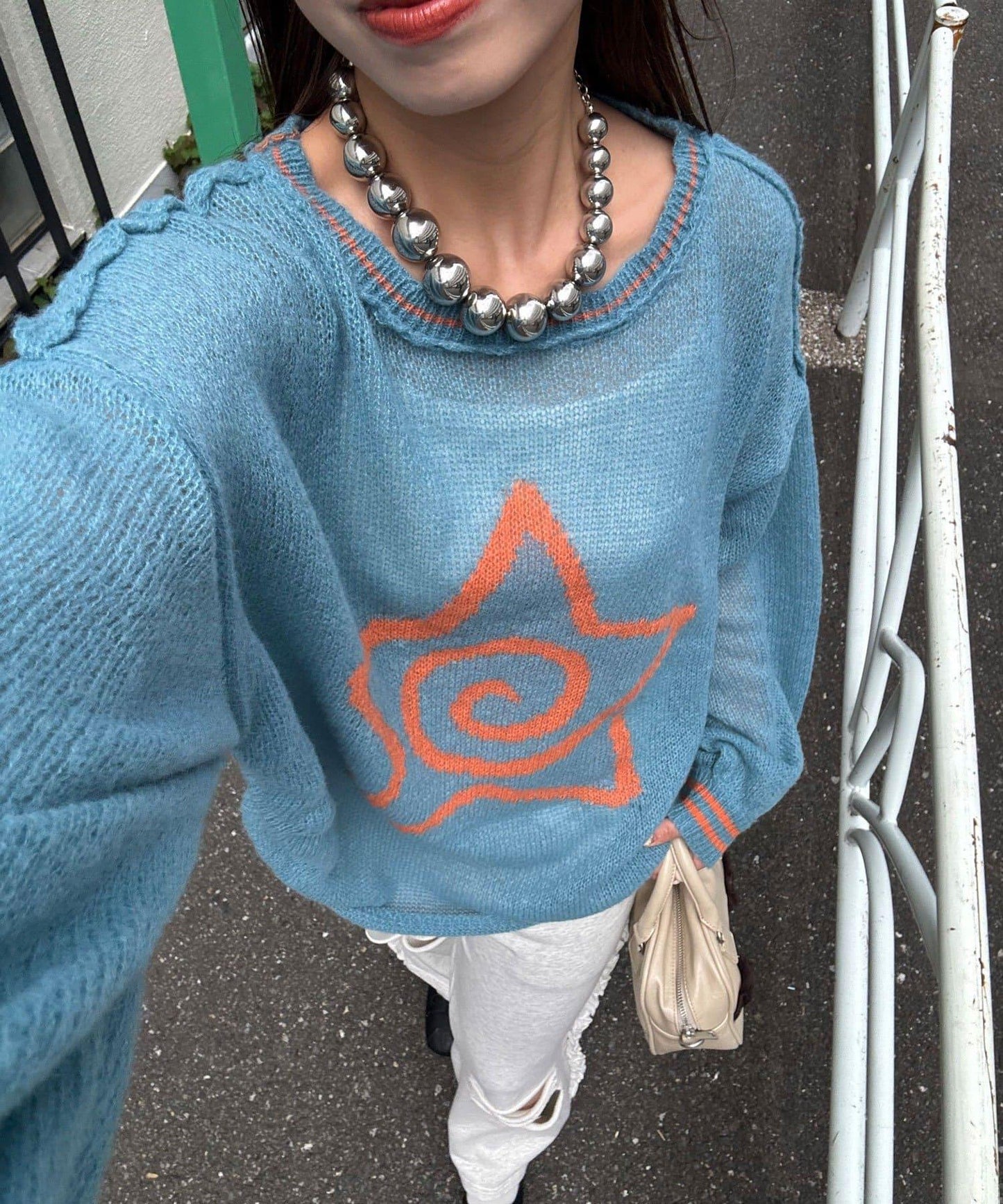 星標徽標荷葉邊透視針織衫